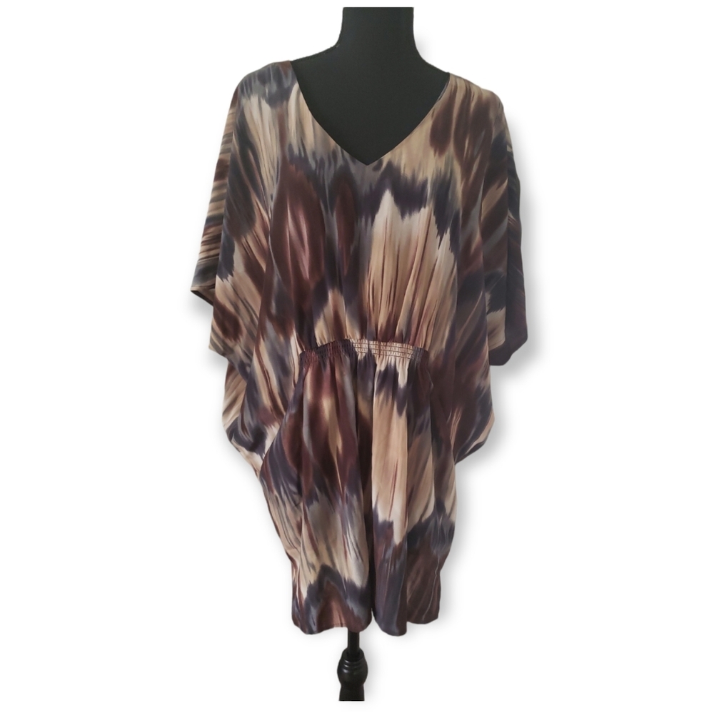Relaxed V-Neck Elastic Waist Tunic in Brown Multi-Print